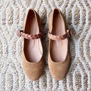 Sundance Suede Mary Jane Round Toe Flats Braided Strap Tan Size 39 / U.S. 8.5